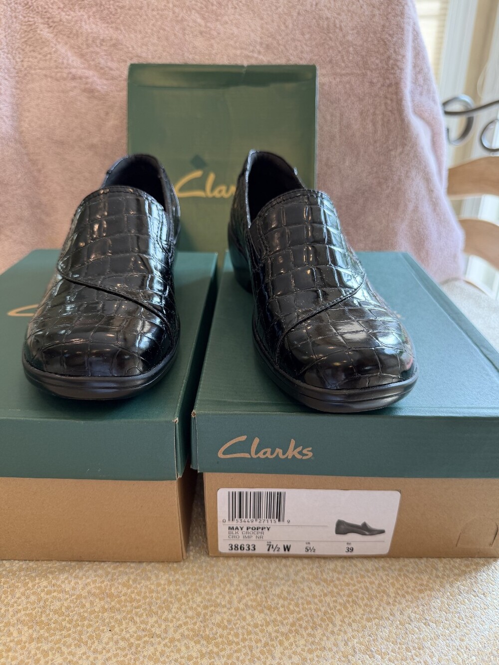 Women's Shoes Clarks May Poppy Bendables Black Patent Croc 7.5 Wide NIB